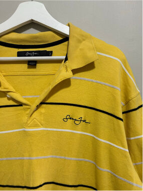 Vintage Men's Sean John Polo Shirt Large Yellow Black Striped Cotton